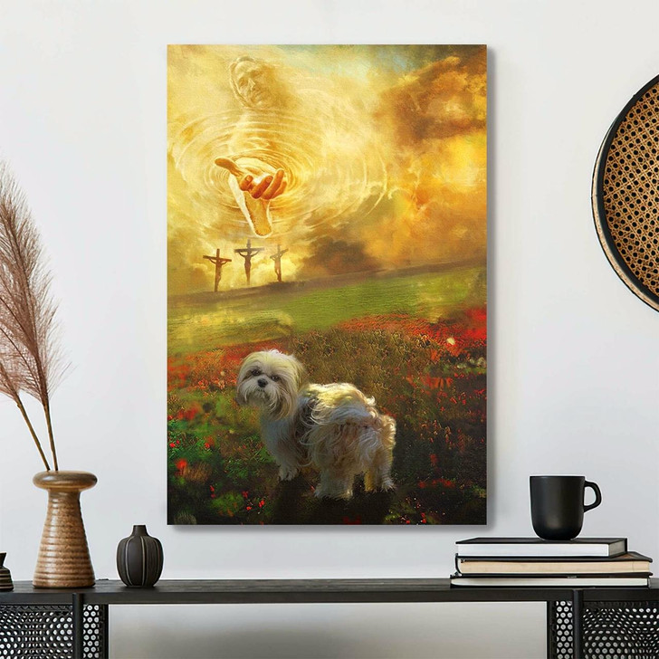 Christian Canvas Wall Art Jesus And Shih Tzu Walking Together Into A Beautiful World Of Peace Comfort And Divine