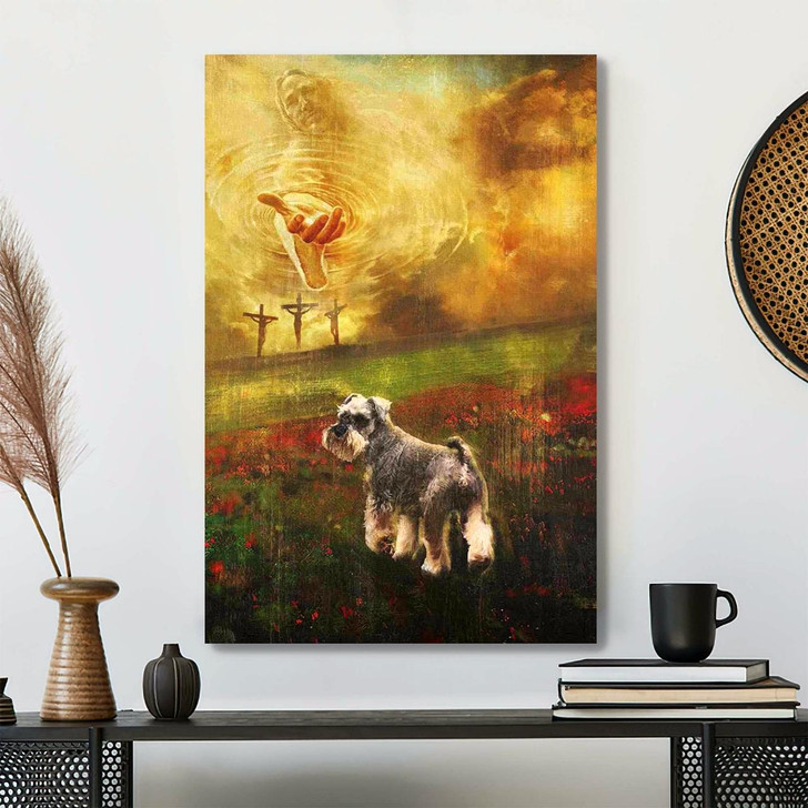 Christian Canvas Wall Art Jesus And Schnauzer Walking Into A Beautiful World Guided By His Gentle Love And Unfailing