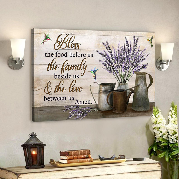Bless The Food Before Us Canvas Wall Art Lavender Vase With Hummingbird Scripture Wall Art For Bedroom