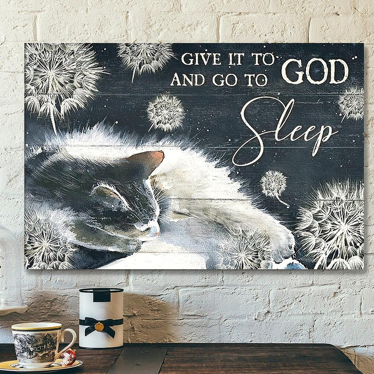 Give It To God And Go To Sleep Canvas Wall Art White Cat, Dandelion, Night sky Landscape Canvas Prints Christian Canvas