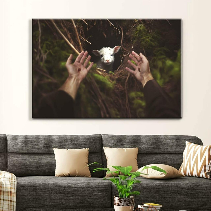 Jesus' Hand Reaching Out To Rescue A Lamb Wall Art Canvas Inspirational Scripture Canvas Decor
