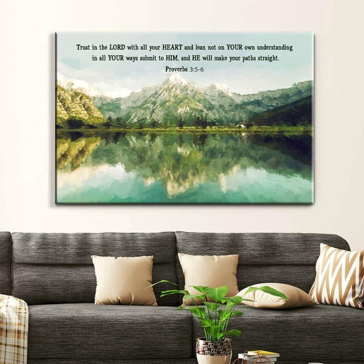 Mountain Lake, Proverbs 356 Trust In The Lord With All Your Heart, Christian Wall Art Canvas Religious Wall Decor