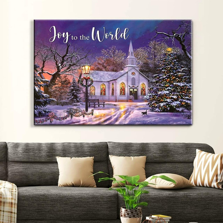 Joy To The World, Country Church In Snow, Christmas Wall Art Canvas Religious Wall Decor