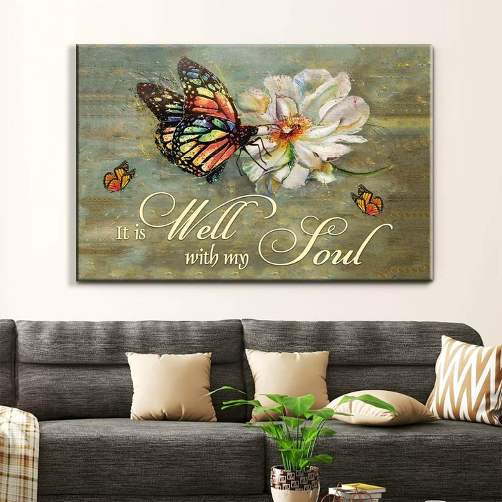 It Is Well With My Soul Wall Art Canvas, Butterfly Flowers Christian Wall Art Canvas Religious Wall Decor