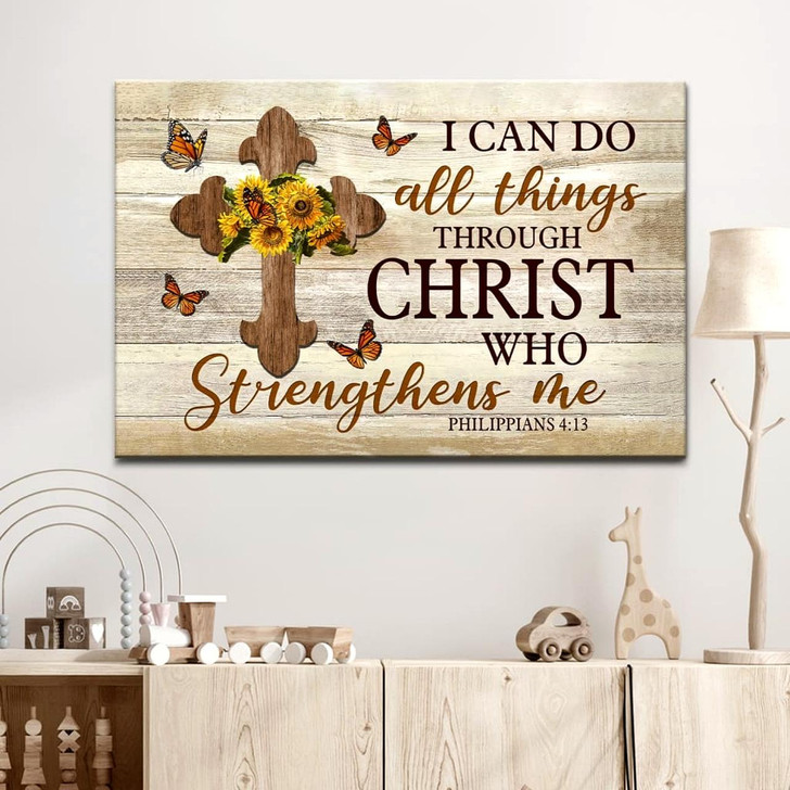 Christian Wall Art I Can Do All Things Through Christ Philippians 413 Sunflower Cross Canvas Religious Wall Decor