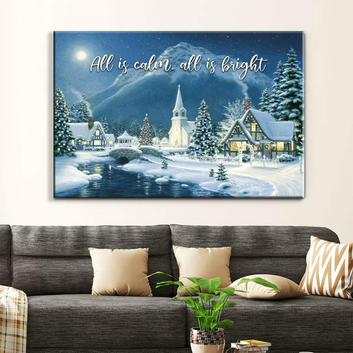 All Is Calm All Is Bright, Country Church Starry Night, Christmas Wall Art Canvas Religious Wall Decor