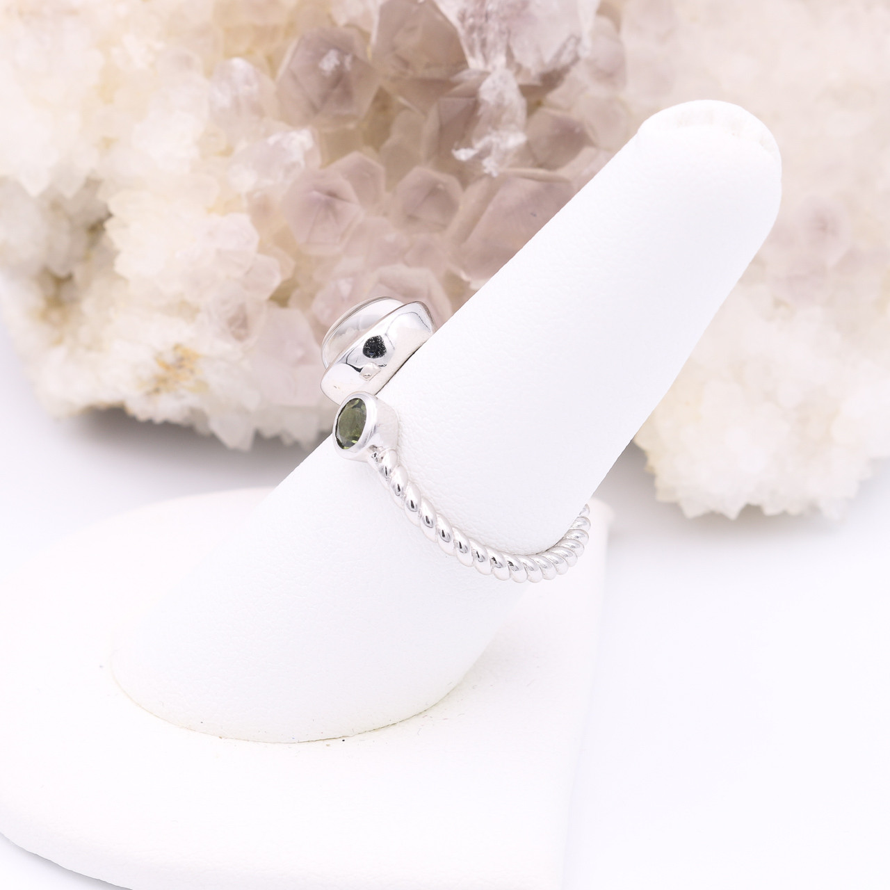 Ring With Faceted Moldavite and Mounionalusta Meteorite