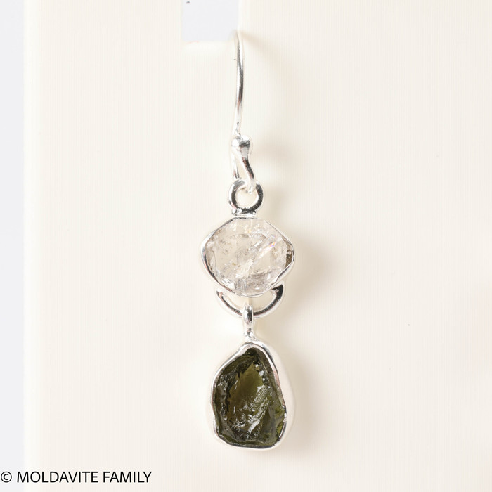 STERLING SILVER EARRINGS WITH RAW MOLDAVITE AND HERKIMER DIAMOND (MSE0070I002)