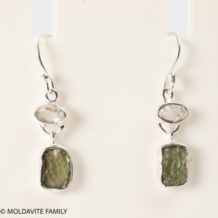 STERLING SILVER EARRINGS WITH RAW MOLDAVITE AND HERKIMER DIAMOND (MSE0070I010)