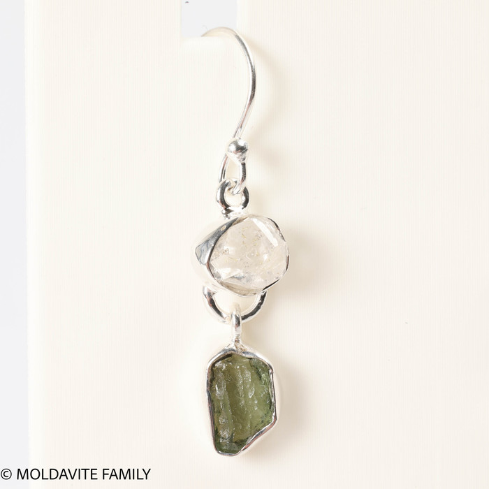 STERLING SILVER EARRINGS WITH RAW MOLDAVITE AND HERKIMER DIAMOND (MSE0070I018)
