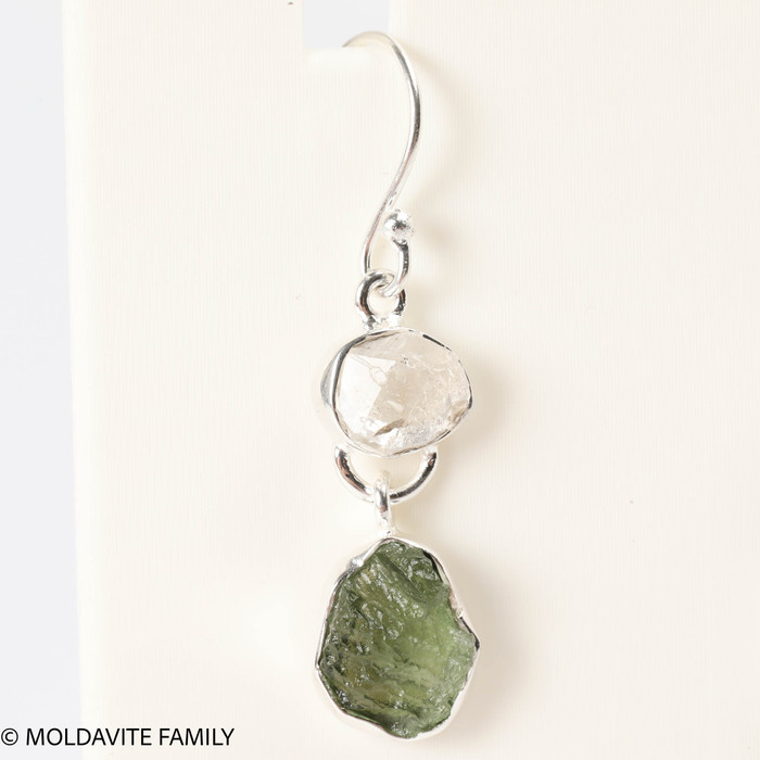 STERLING SILVER EARRINGS WITH RAW MOLDAVITE AND HERKIMER DIAMOND (MSE0070I019)