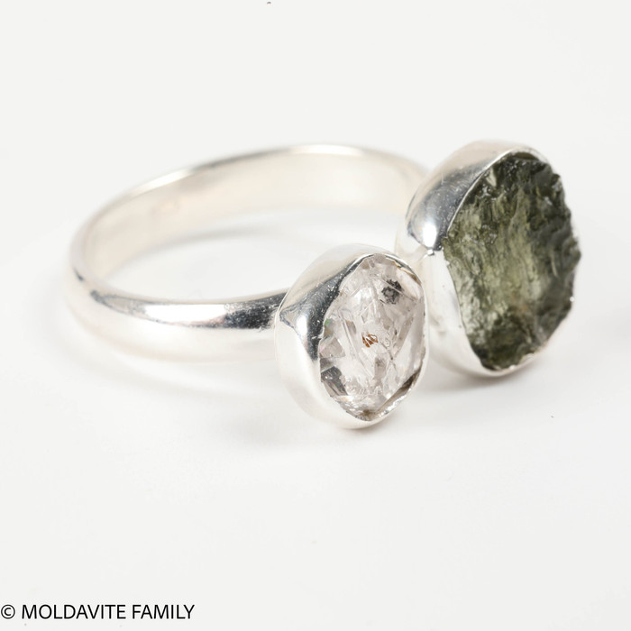 RING - RAW MOLDAVITE & HERKIMER DIAMOND - SIZE 7 (MSR169I031)