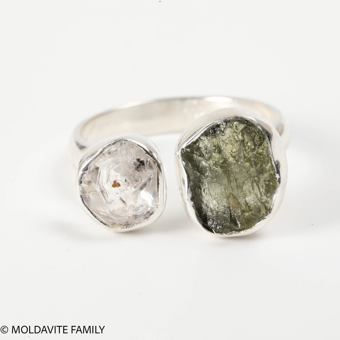 RING - RAW MOLDAVITE & HERKIMER DIAMOND - SIZE 7 (MSR169I031)