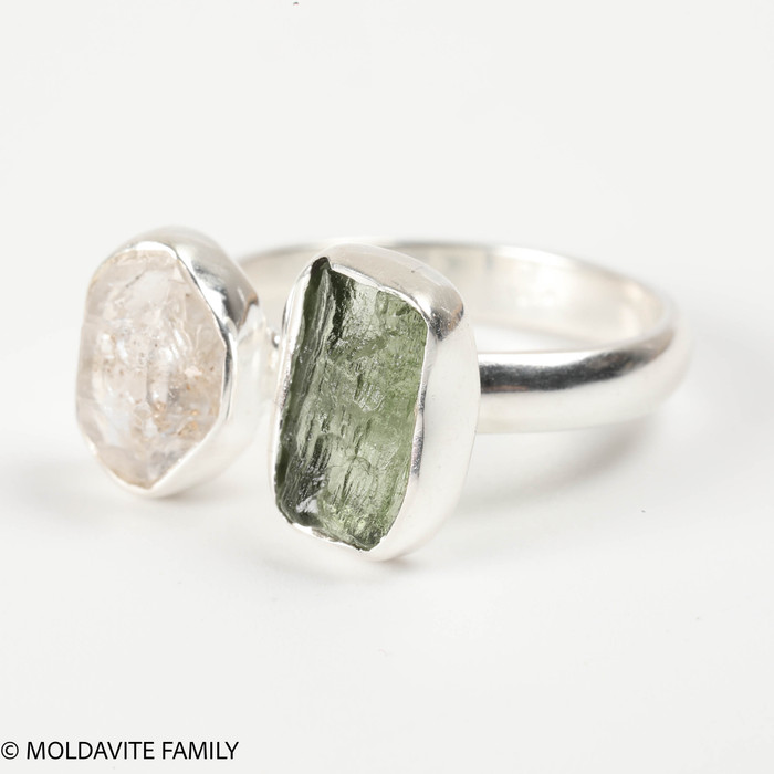 RING - RAW MOLDAVITE & HERKIMER DIAMOND - SIZE 6.5 (MSR169I033)