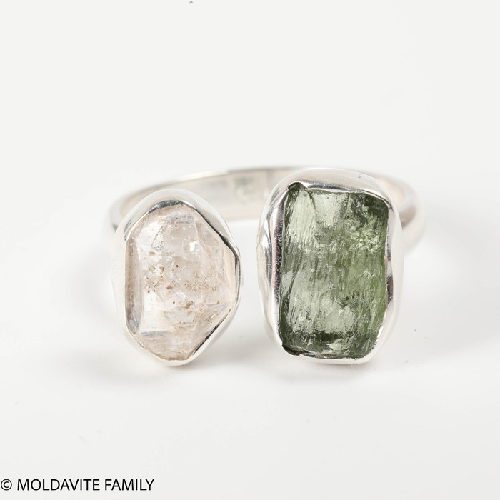 RING - RAW MOLDAVITE & HERKIMER DIAMOND - SIZE 6.5 (MSR169I033)