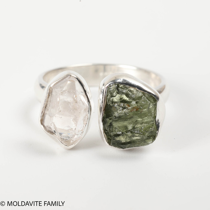 RING - RAW MOLDAVITE & HERKIMER DIAMOND - SIZE 5.5 (MSR169I034)