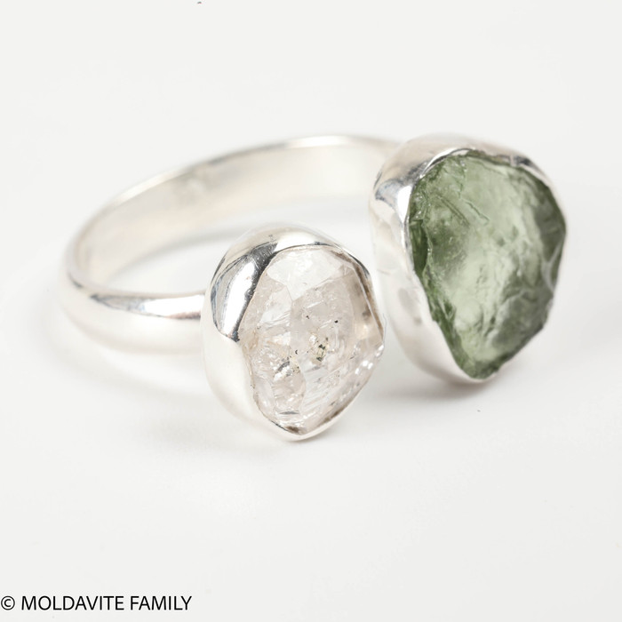 RING - RAW MOLDAVITE & HERKIMER DIAMOND - SIZE 6 (MSR169I036)