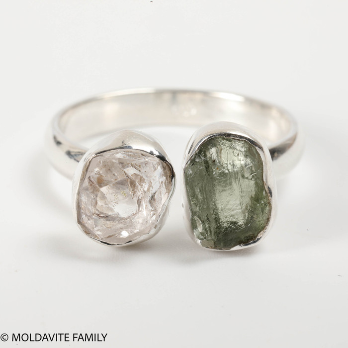 RING - RAW MOLDAVITE & HERKIMER DIAMOND - SIZE 8.5 (MSR169I041)