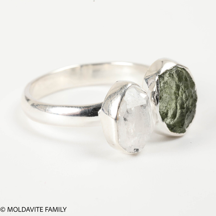 RING - RAW MOLDAVITE & HERKIMER DIAMOND - SIZE 8.5 (MSR169I042)