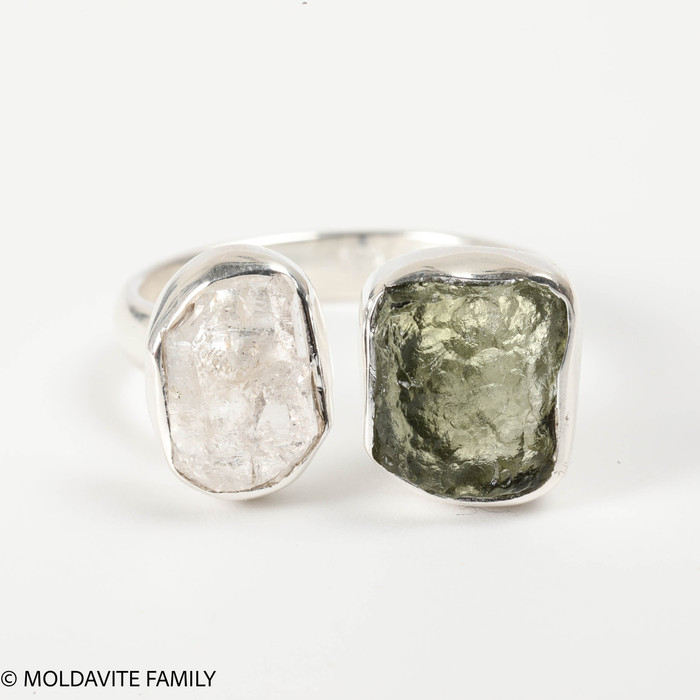 RING - RAW MOLDAVITE & HERKIMER DIAMOND - SIZE 6.5 (MSR169I043)