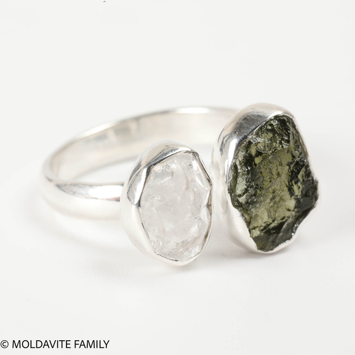 RING - RAW MOLDAVITE & HERKIMER DIAMOND - SIZE 6 (MSR169I044)