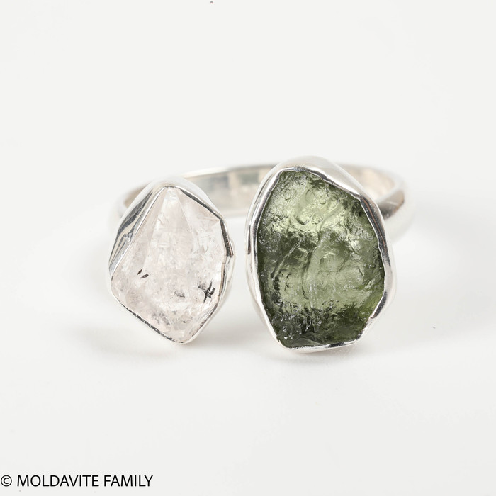 RING - RAW MOLDAVITE & HERKIMER DIAMOND - SIZE 6.5 (MSR169I047)