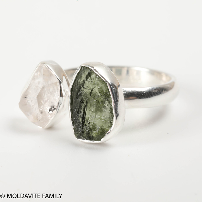 RING - RAW MOLDAVITE & HERKIMER DIAMOND - SIZE 6.5 (MSR169I047)