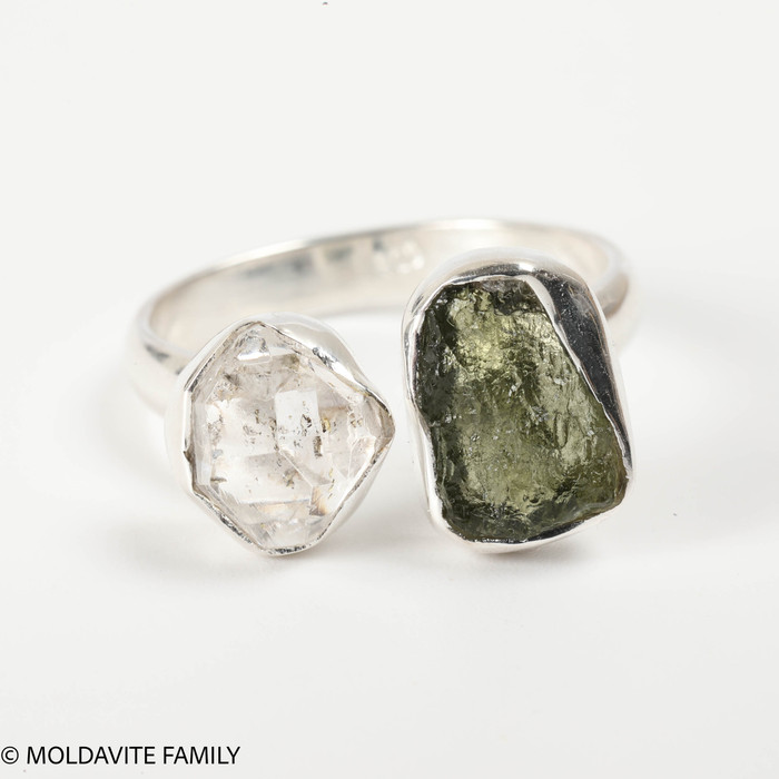 RING - RAW MOLDAVITE & HERKIMER DIAMOND - SIZE 8 (MSR169I048)