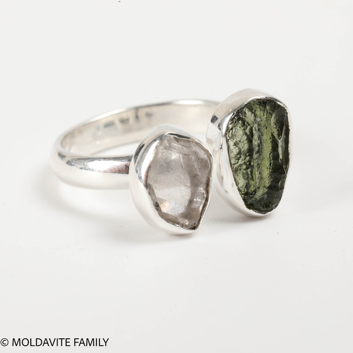 RING - RAW MOLDAVITE & HERKIMER DIAMOND - SIZE 5.5 (MSR169I058)