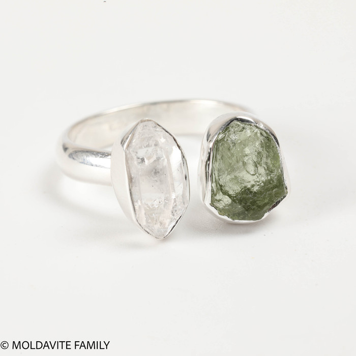 RING - RAW MOLDAVITE & HERKIMER DIAMOND - SIZE 5.5 (MSR169I062)