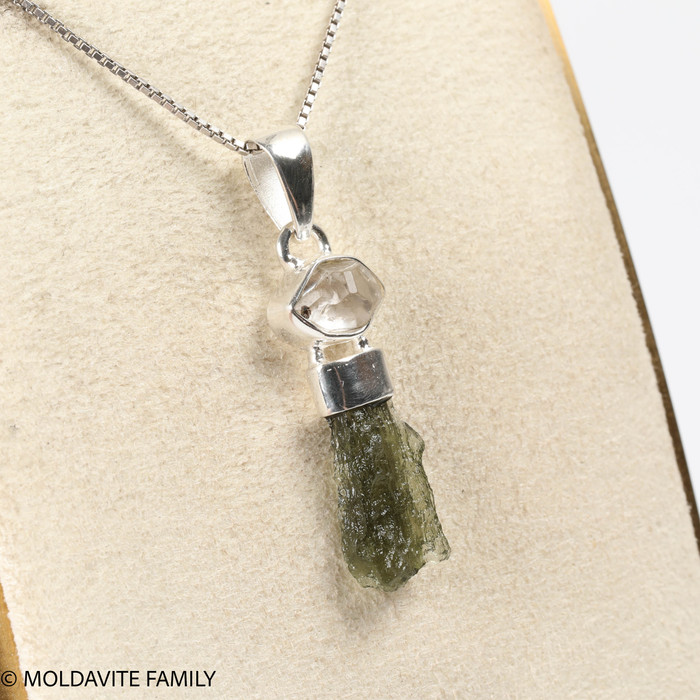 STERLING SILVER PENDANT - MOLDAVITE & HERKIMER DIAMOND (MSP0255I007)