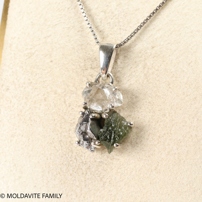 STERLING SILVER PENDANT - MOLDAVITE & HERKIMER & METEORITE (MSP0256I001)