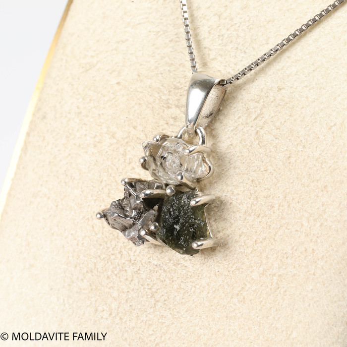 STERLING SILVER PENDANT - MOLDAVITE & HERKIMER & METEORITE (MSP0256I002)