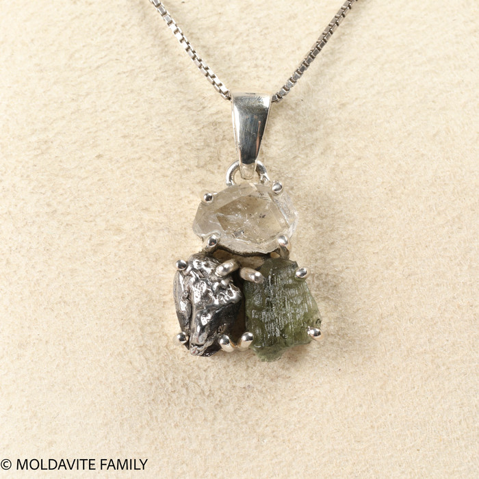 STERLING SILVER PENDANT - MOLDAVITE & HERKIMER & METEORITE (MSP0256I003)