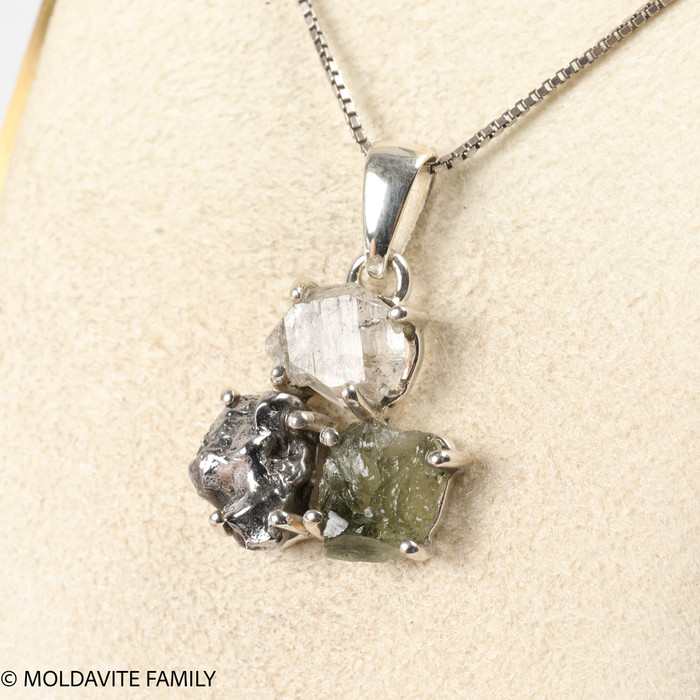 STERLING SILVER PENDANT - MOLDAVITE & HERKIMER & METEORITE (MSP0256I004)