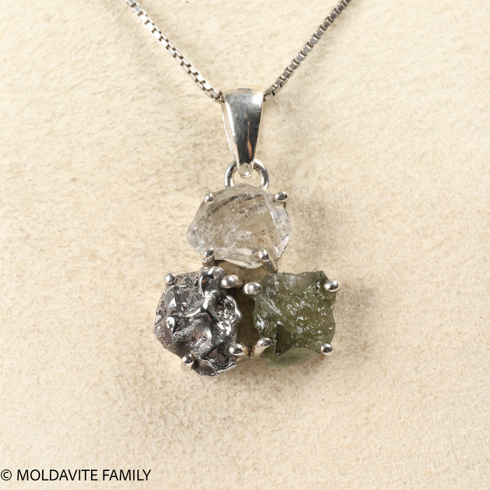 STERLING SILVER PENDANT - MOLDAVITE & HERKIMER & METEORITE (MSP0256I004)