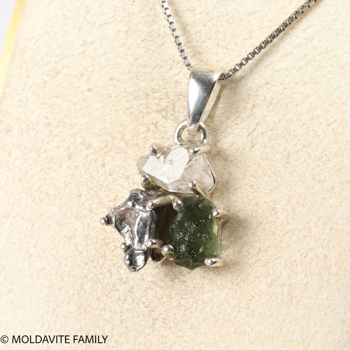 STERLING SILVER PENDANT - MOLDAVITE & HERKIMER & METEORITE (MSP0256I009)