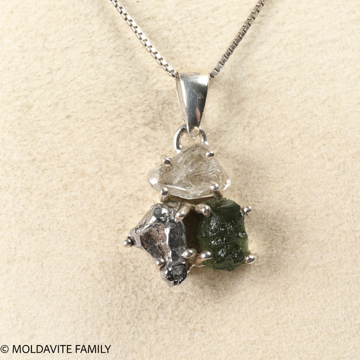 STERLING SILVER PENDANT - MOLDAVITE & HERKIMER & METEORITE (MSP0256I009)