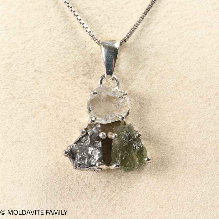 STERLING SILVER PENDANT - MOLDAVITE & HERKIMER & METEORITE (MSP0256I010)