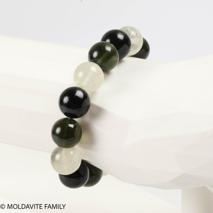 MOLDAVITE ROUND BEAD BRACELET - 12 mm BEADS (MBED024)