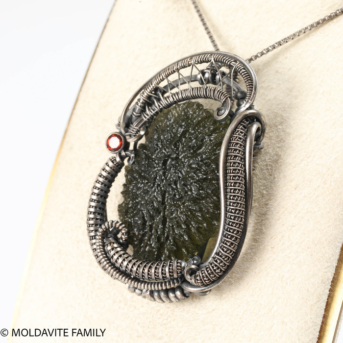 925 Sterling Silver, Raw Moldavite and Amber - Wire Wrapped Pendant ( WPP015 )