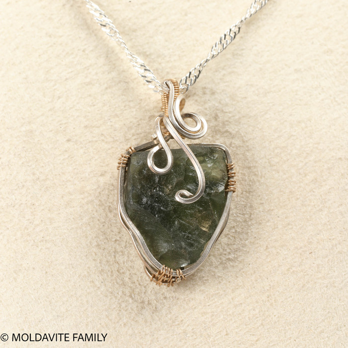 925 Sterling Silver, 14 K Gold & Raw Moldavite - Wire Wrapped Pendant ( WPP018 )