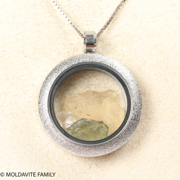 LOCKET PENDANT - BRUSHED METAL - RAW MOLDAVITE/HERKIMER/LIBYAN (MSP0247I008)
