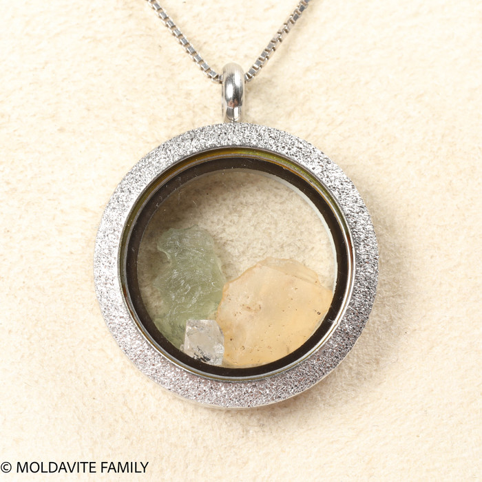 LOCKET PENDANT - BRUSHED METAL - RAW MOLDAVITE/HERKIMER/LIBYAN (MSP0247I009)