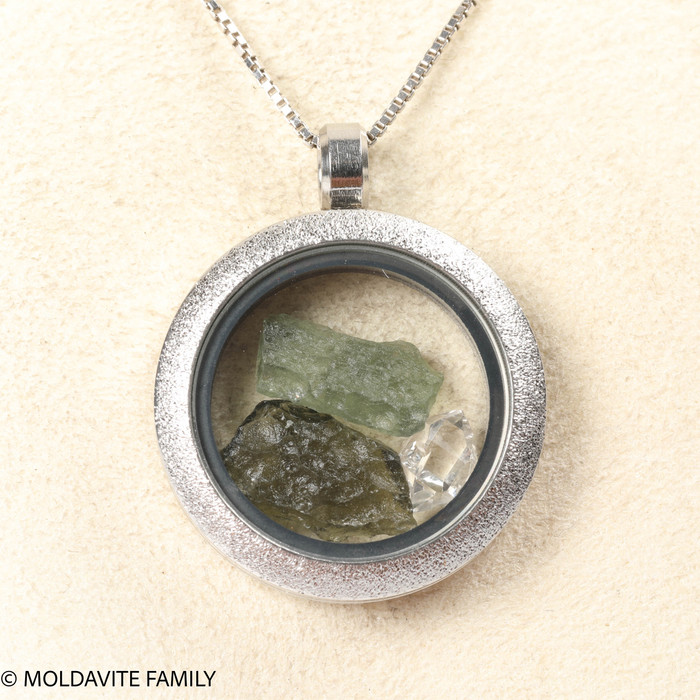 LOCKET PENDANT - BRUSHED METAL - RAW MOLDAVITE/HERKIMER DIAMOND (MSP0246I009)
