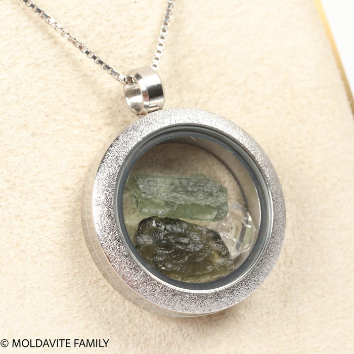 LOCKET PENDANT - BRUSHED METAL - RAW MOLDAVITE/HERKIMER DIAMOND (MSP0246I009)