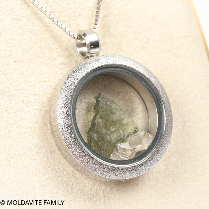 LOCKET PENDANT - BRUSHED METAL - RAW MOLDAVITE/HERKIMER DIAMOND (MSP0246I010)