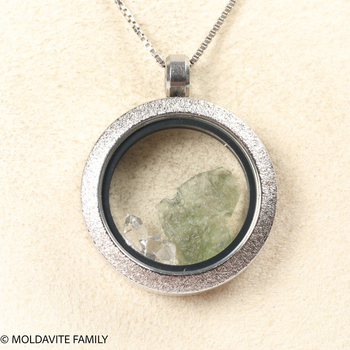 LOCKET PENDANT - BRUSHED METAL - RAW MOLDAVITE/HERKIMER DIAMOND (MSP0246I011)