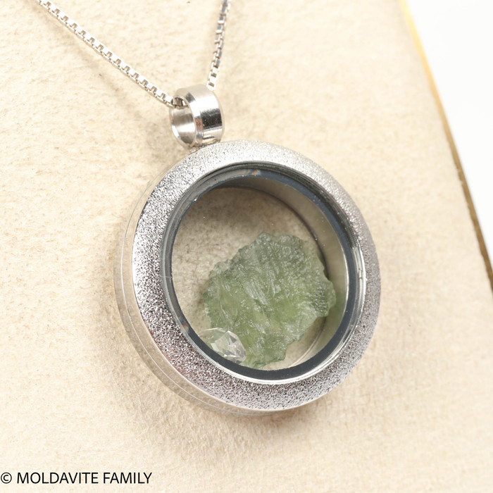LOCKET PENDANT - BRUSHED METAL - RAW MOLDAVITE/HERKIMER DIAMOND (MSP0246I012)