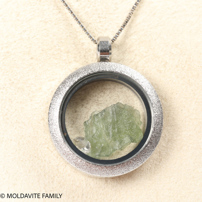 LOCKET PENDANT - BRUSHED METAL - RAW MOLDAVITE/HERKIMER DIAMOND (MSP0246I012)